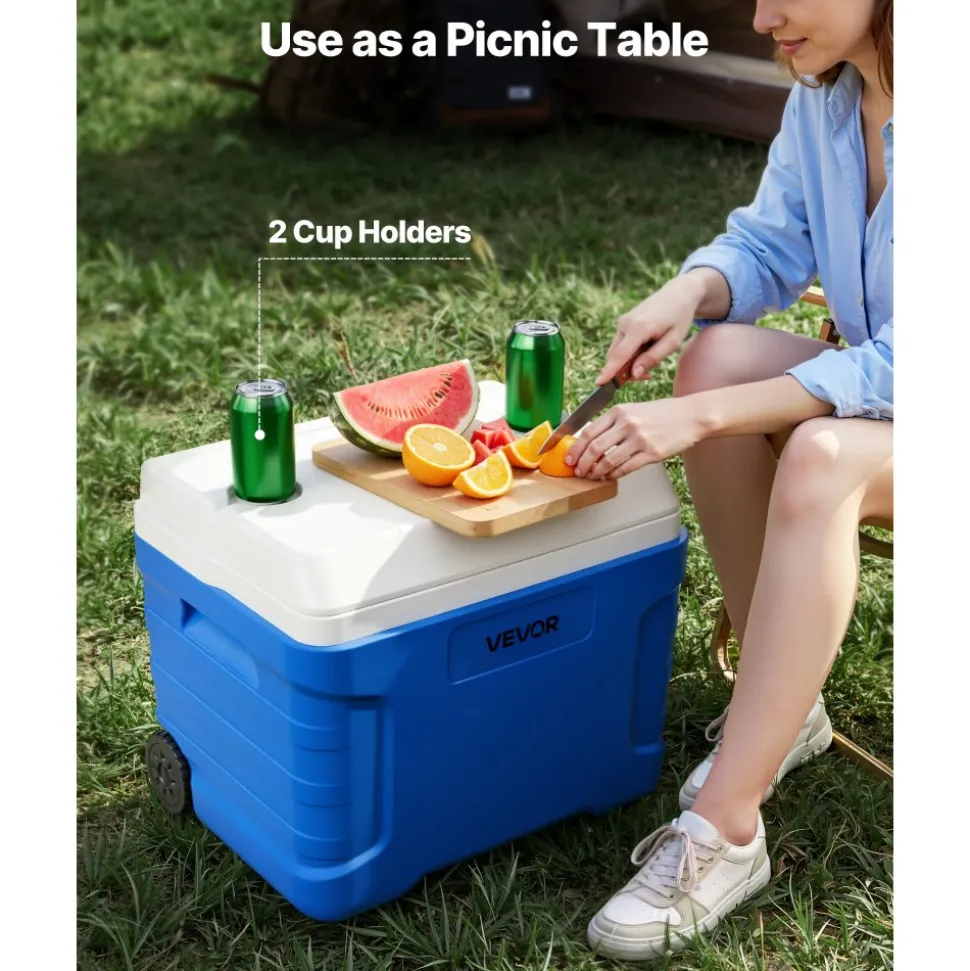 VEVOR Hard Cooler, 45QT Portable Rolling Cooler with Wheels, Leak-Resistant Coolbox Keeps Contents Cool for 48 Hours, Ice Retention Insulated Chests, Ultra-Light for Outdoor Picnics, Grill, Camping