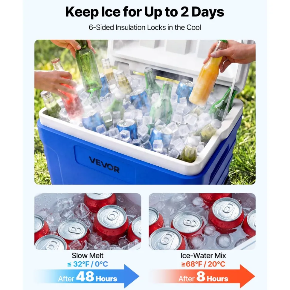 VEVOR Hard Cooler, 45QT Portable Rolling Cooler with Wheels, Leak-Resistant Coolbox Keeps Contents Cool for 48 Hours, Ice Retention Insulated Chests, Ultra-Light for Outdoor Picnics, Grill, Camping