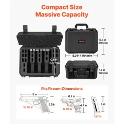 VEVOR Hard Pistol Case, Heavy Duty Hard Gun Case with XPE Foam Lining, Waterproof Pistol Storage Box with Customizable Interior & Handle for Gun, Lenses, Camera, Gear, TSA Compliant, 15.9x12.5x7.5 in