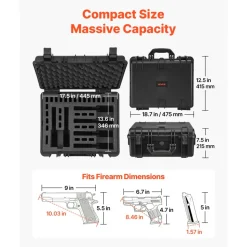 VEVOR Hard Pistol Case, Heavy Duty Hard Gun Case with XPE Foam Interior, Waterproof Pistol Storage Box with Customizable Lining & Handle for Gun, Lenses, Camera, Gear, TSA Compliant, 18.7x12.5x7.5 in