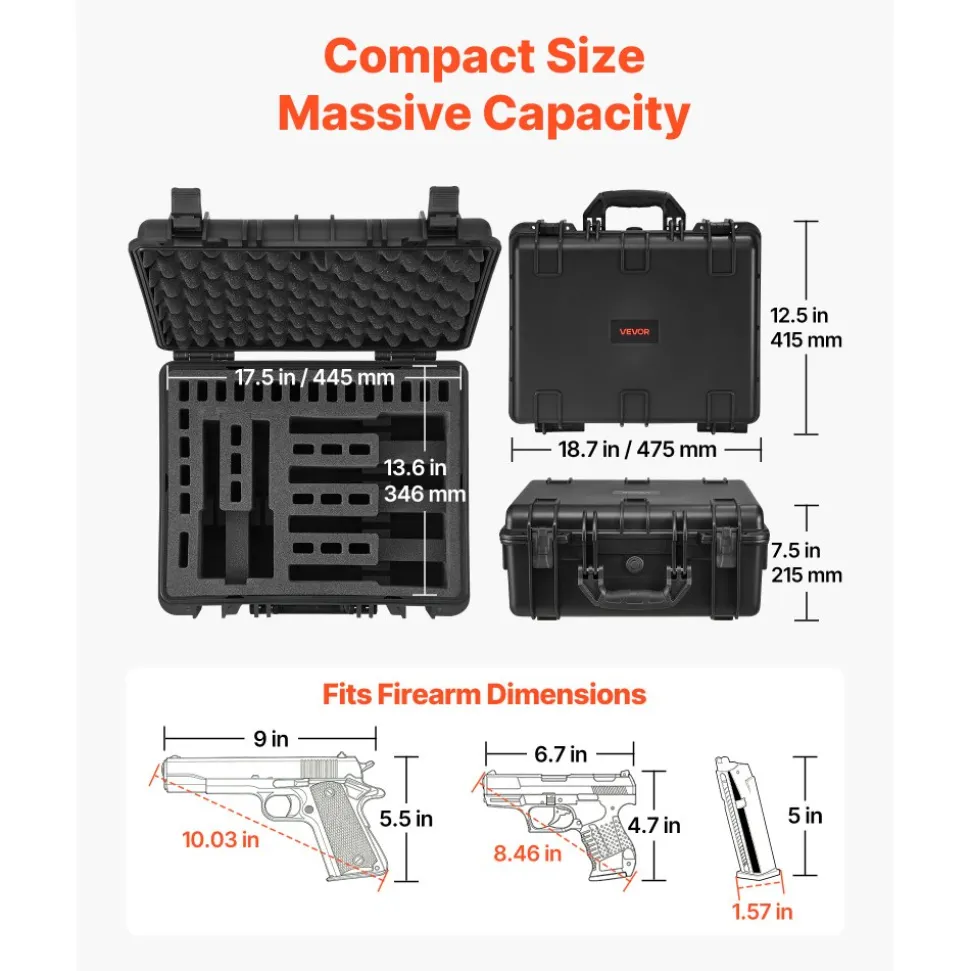 VEVOR Hard Pistol Case, Heavy Duty Hard Gun Case with XPE Foam Interior, Waterproof Pistol Storage Box with Customizable Lining & Handle for Gun, Lenses, Camera, Gear, TSA Compliant, 18.7x12.5x7.5 in
