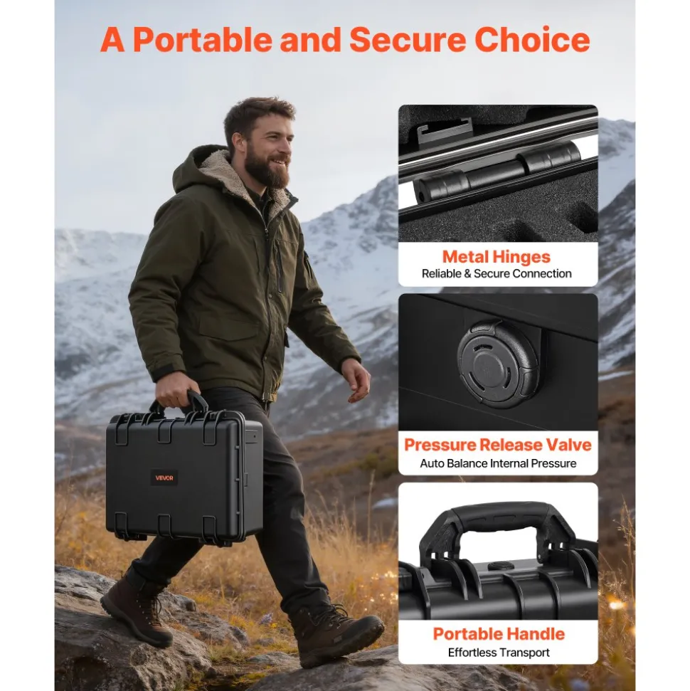 VEVOR Hard Pistol Case, Heavy Duty Hard Gun Case with XPE Foam Interior, Waterproof Pistol Storage Box with Customizable Lining & Handle for Gun, Lenses, Camera, Gear, TSA Compliant, 18.7x12.5x7.5 in