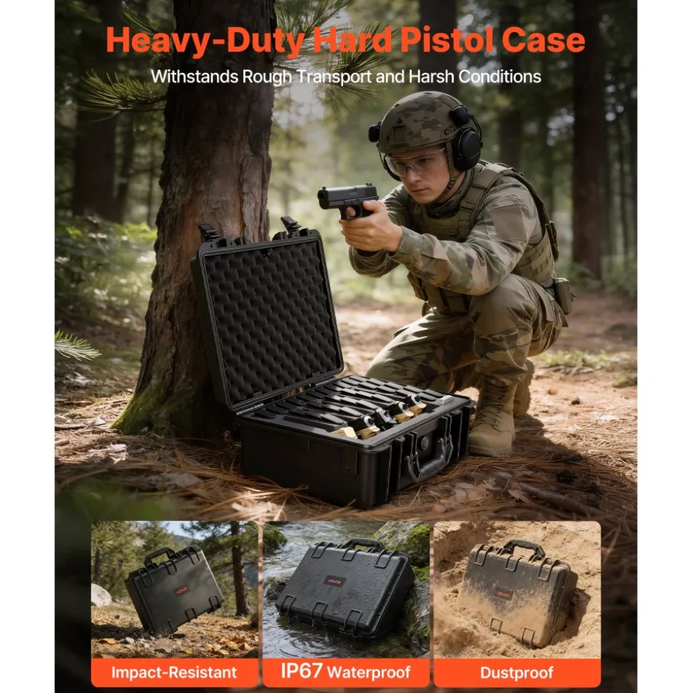 VEVOR Hard Pistol Case, Heavy Duty Hard Gun Case with XPE Foam Lining, Waterproof Pistol Storage Box with Customizable Interior & Handle for Gun, Lenses, Camera, Gear, TSA Compliant, 18.7x12.5x7.5 in