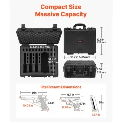 VEVOR Hard Pistol Case, Heavy Duty Hard Gun Case with XPE Foam Lining, Waterproof Pistol Storage Box with Customizable Interior & Handle for Gun, Lenses, Camera, Gear, TSA Compliant, 18.7x12.5x7.5 in