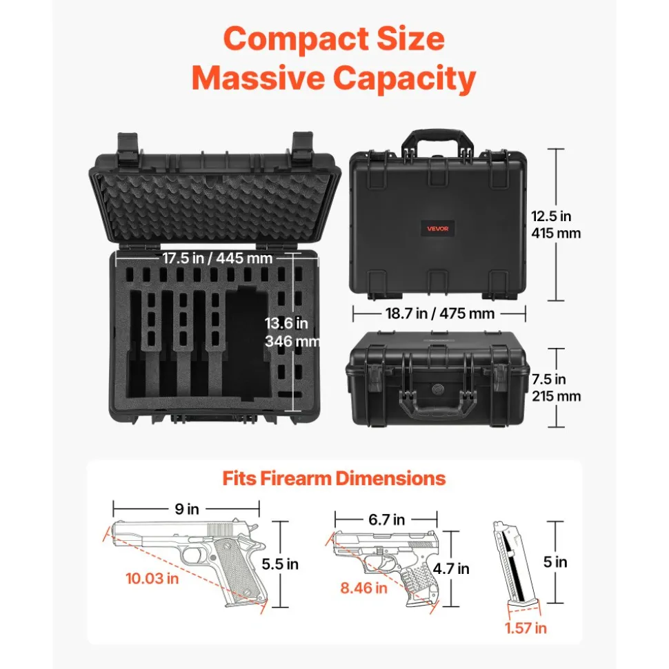 VEVOR Hard Pistol Case, Heavy Duty Hard Gun Case with XPE Foam Lining, Waterproof Pistol Storage Box with Customizable Interior & Handle for Gun, Lenses, Camera, Gear, TSA Compliant, 18.7x12.5x7.5 in