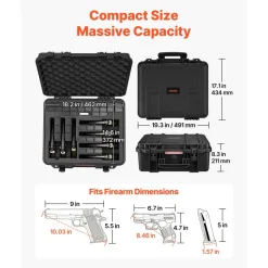 VEVOR Hard Pistol Case, Heavy Duty Hard Gun Case with XPE Foam Lining, Waterproof Pistol Storage Box with Customizable Interior & Handle for Gun, Lenses, Camera, Gear, TSA Compliant, 19.3x17.1x8.3 in