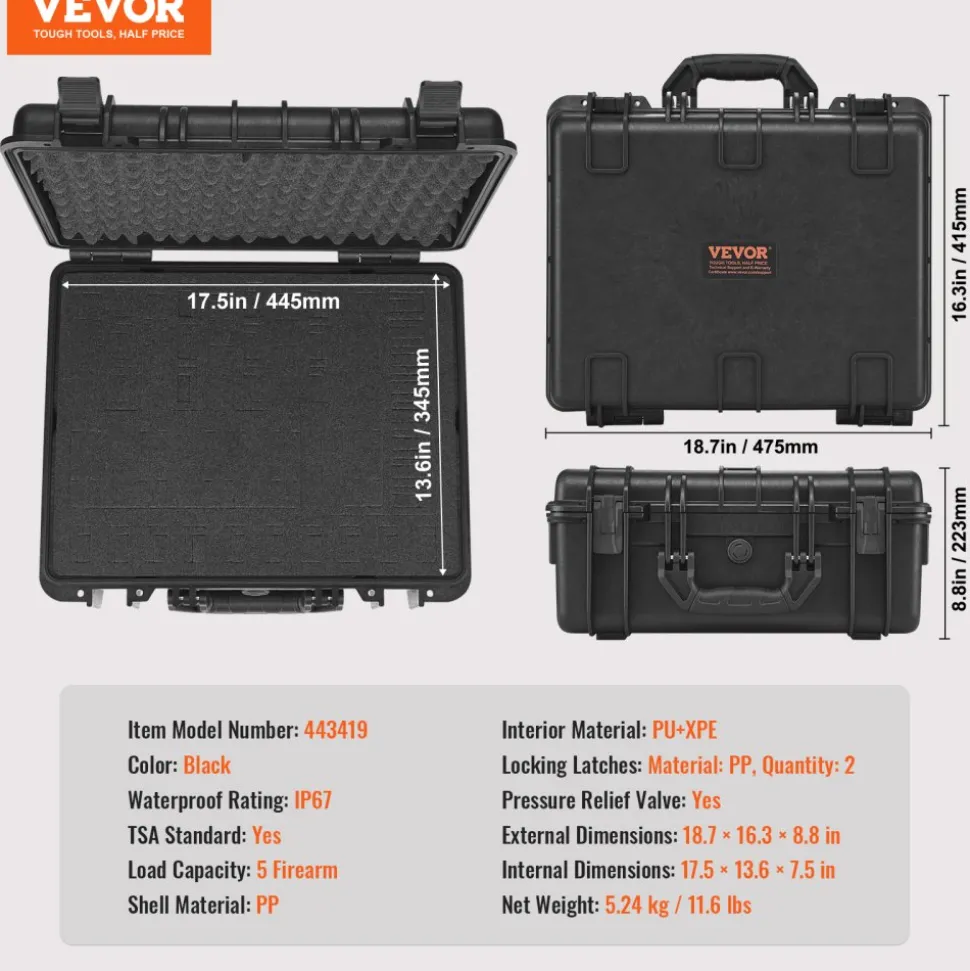 VEVOR Hard Pistol Cases with Pre-cut Lining, Waterproof & Dustproof Hard Gun Case for 5 Pistol, 18.9×16.3×8.5 in Lockable Pistol Case, Black
