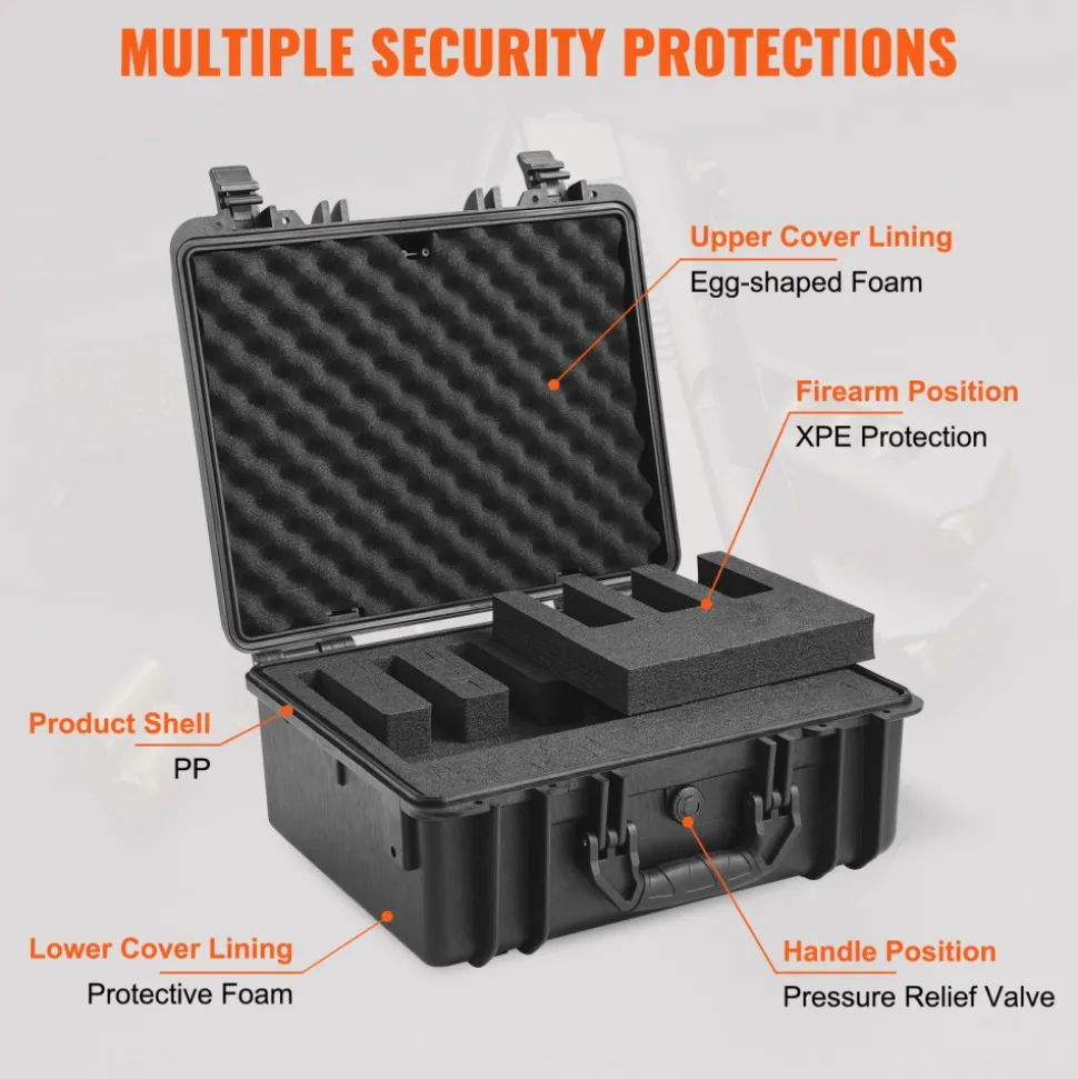 VEVOR Hard Pistol Cases with Pre-cut Lining, Waterproof & Dustproof Hard Gun Case for 5 Pistol, 18.9×16.3×8.5 in Lockable Pistol Case, Black