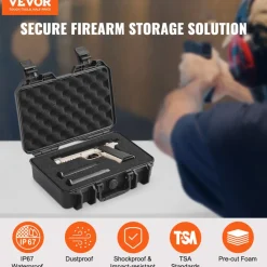VEVOR Hard Pistol Cases with Pre-cut PU Foam, Waterproof & Dustproof Hard Gun Case for 1 Pistol, 12.59×9.01×4.4 in Lockable Pistol Case, Black