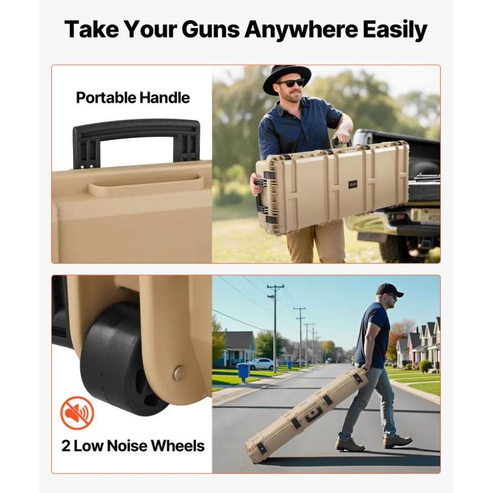 VEVOR Hard Rifle Case, Lockable Rifle Case with Pre-cut Foams, 52 in Gun Storage with Wheels, Heavy Duty IP67 Waterproof & Dustproof Pistol Storage Cases for Rifles, Shotguns, Airsoft Guns, Khaki
