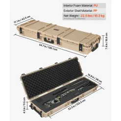 VEVOR Hard Rifle Case, Lockable Rifle Case with Pre-cut Foams, 52 in Gun Storage with Wheels, Heavy Duty IP67 Waterproof & Dustproof Pistol Storage Cases for Rifles, Shotguns, Airsoft Guns, Khaki