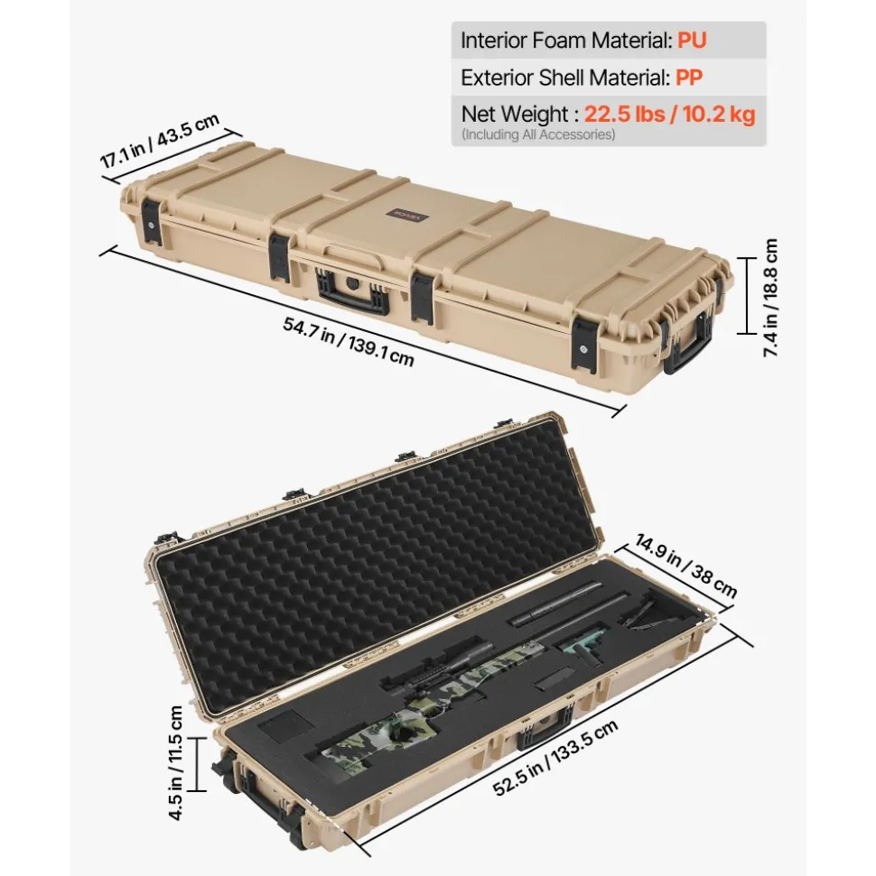 VEVOR Hard Rifle Case, Lockable Rifle Case with Pre-cut Foams, 52 in Gun Storage with Wheels, Heavy Duty IP67 Waterproof & Dustproof Pistol Storage Cases for Rifles, Shotguns, Airsoft Guns, Khaki