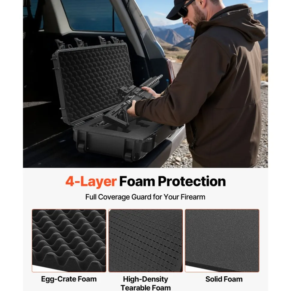VEVOR Hard Rifle Case, Lockable Rifle Case with 4 Layers Pre-cut Foams, 36 in Gun Storage with Wheels, IP67 Waterproof & Dustproof Pistol Storage Cases for Rifles, Shotguns, Airsoft Guns, Black