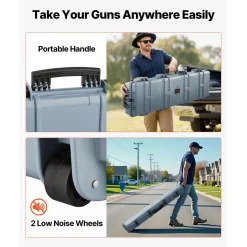 VEVOR Hard Rifle Case, Lockable Rifle Case with Pre-cut Foams, 50 in Movable Gun Storage with Wheels, IP67 Waterproof & Dustproof Pistol Storage for Rifle, Shotgun, Airsoft Gun, Grey