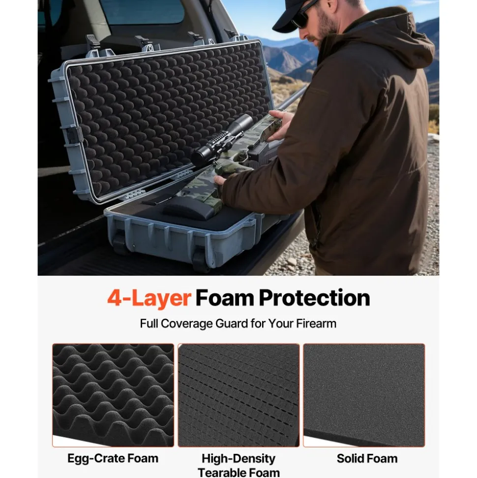 VEVOR Hard Rifle Case, Lockable Rifle Case with Pre-cut Foams, 50 in Movable Gun Storage with Wheels, IP67 Waterproof & Dustproof Pistol Storage for Rifle, Shotgun, Airsoft Gun, Grey