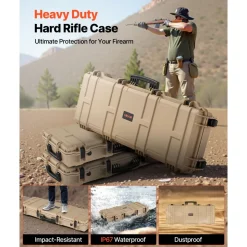 VEVOR Hard Rifle Case, Lockable Rifle Case with Pre-cut Foams, 40 in Gun Storage with Wheels, IP67 Waterproof & Dustproof Movable Large Pistol Storage for Rifles, Shotguns, Airsoft Guns, Khaki