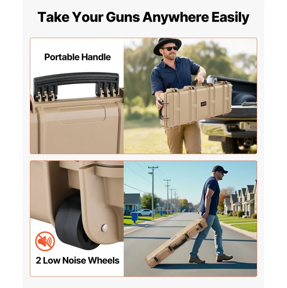 VEVOR Hard Rifle Case, Lockable Rifle Case with Pre-cut Foams, 40 in Gun Storage with Wheels, IP67 Waterproof & Dustproof Movable Large Pistol Storage for Rifles, Shotguns, Airsoft Guns, Khaki