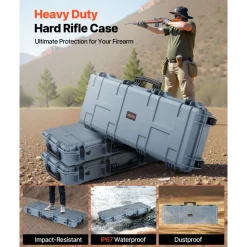 VEVOR Hard Rifle Case, Lockable Rifle Case with Pre-cut Foams, 42 in Movable Gun Storage with Wheels, IP67 Waterproof & Dustproof Pistol Storage for Rifle, Shotgun, Airsoft Gun, Grey