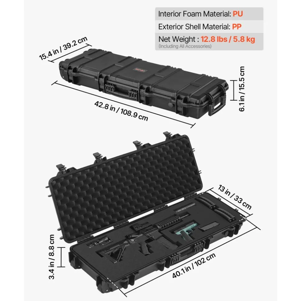 VEVOR Hard Rifle Case, Lockable Rifle Case with Pre-cut Foams, 40 in Gun Storage with Wheels, IP67 Waterproof & Dustproof Movable Large Pistol Storage for Rifles, Shotguns, Airsoft Guns, Black
