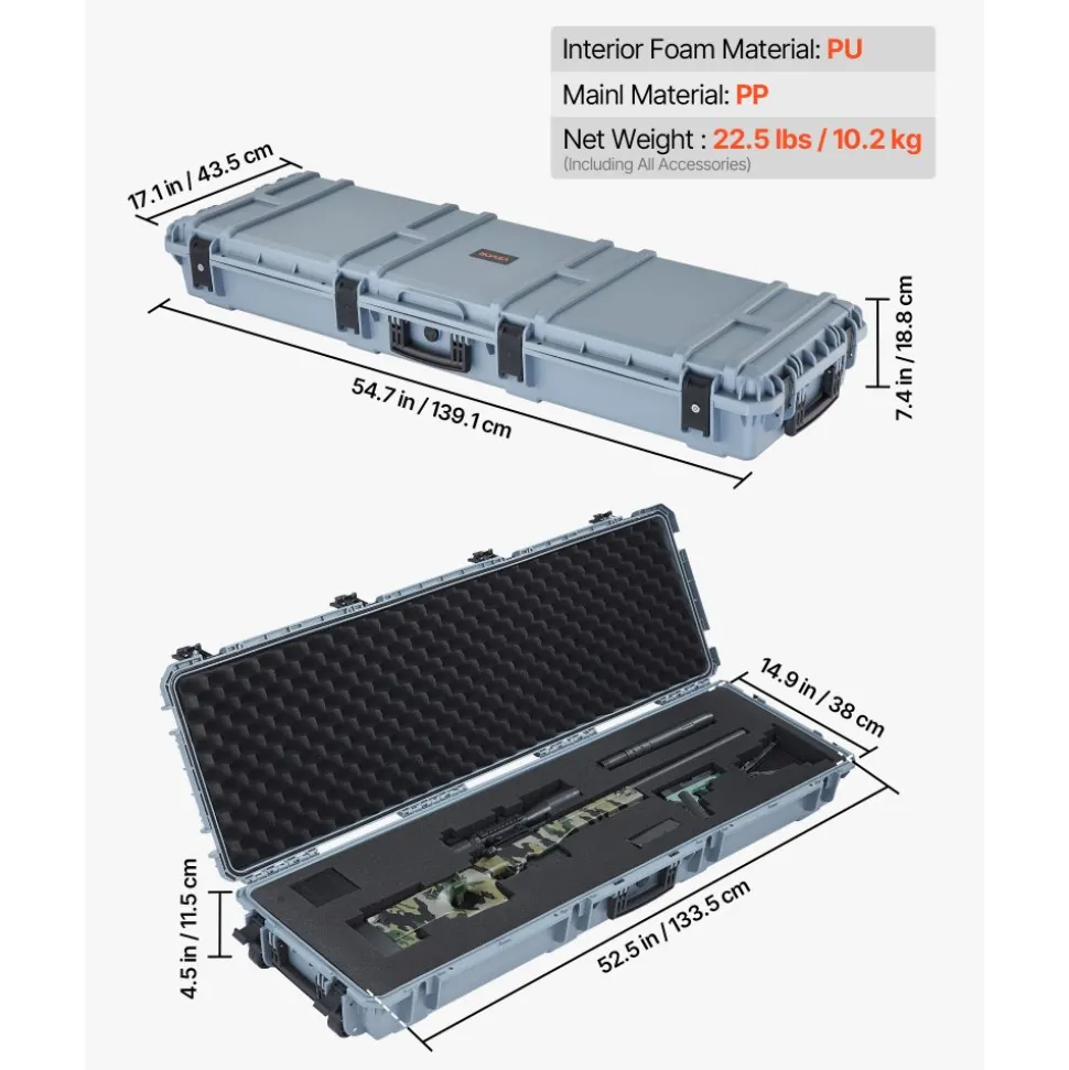 VEVOR Hard Rifle Case, Lockable Rifle Case with Pre-cut Foams, 52 in Gun Storage with Wheels, Heavy Duty IP67 Waterproof & Dustproof Pistol Storage Cases for Rifles, Shotguns, Airsoft Guns, Grey