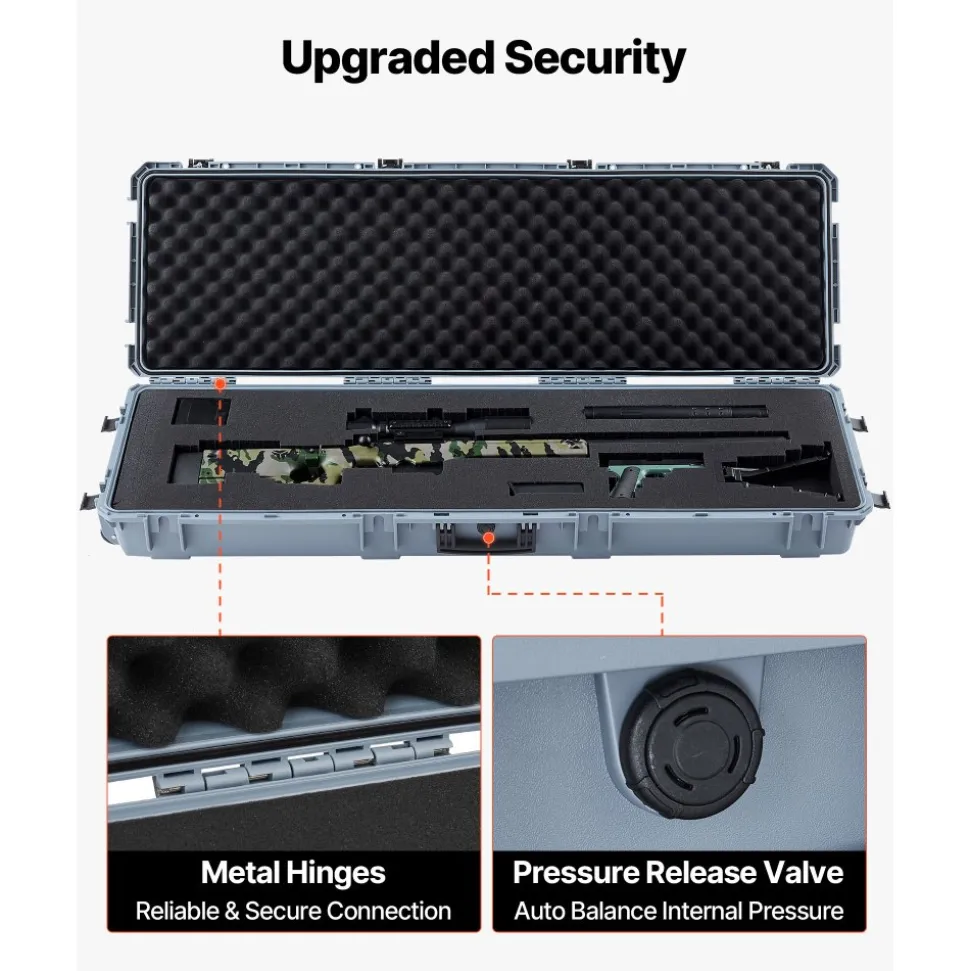 VEVOR Hard Rifle Case, Lockable Rifle Case with Pre-cut Foams, 52 in Gun Storage with Wheels, Heavy Duty IP67 Waterproof & Dustproof Pistol Storage Cases for Rifles, Shotguns, Airsoft Guns, Grey