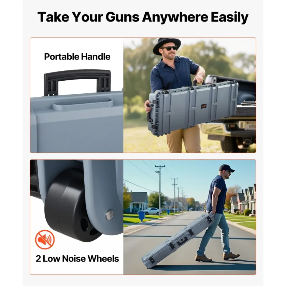 VEVOR Hard Rifle Case, Lockable Rifle Case with Pre-cut Foams, 52 in Gun Storage with Wheels, Heavy Duty IP67 Waterproof & Dustproof Pistol Storage Cases for Rifles, Shotguns, Airsoft Guns, Grey
