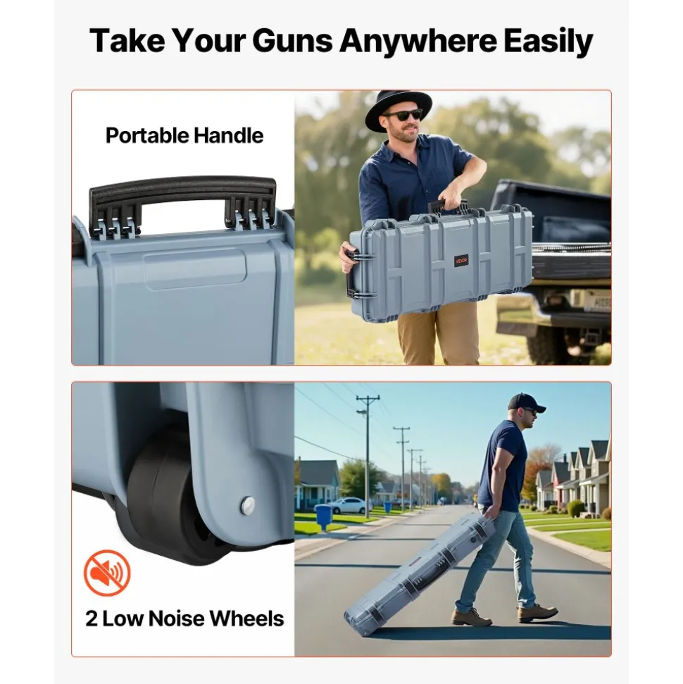VEVOR Hard Rifle Case, Lockable Rifle Case with 4 Layers Pre-cut Foams, 36 in Gun Storage with Wheels, IP67 Waterproof & Dustproof Pistol Storage Cases for Rifles, Shotguns, Airsoft Guns, Grey