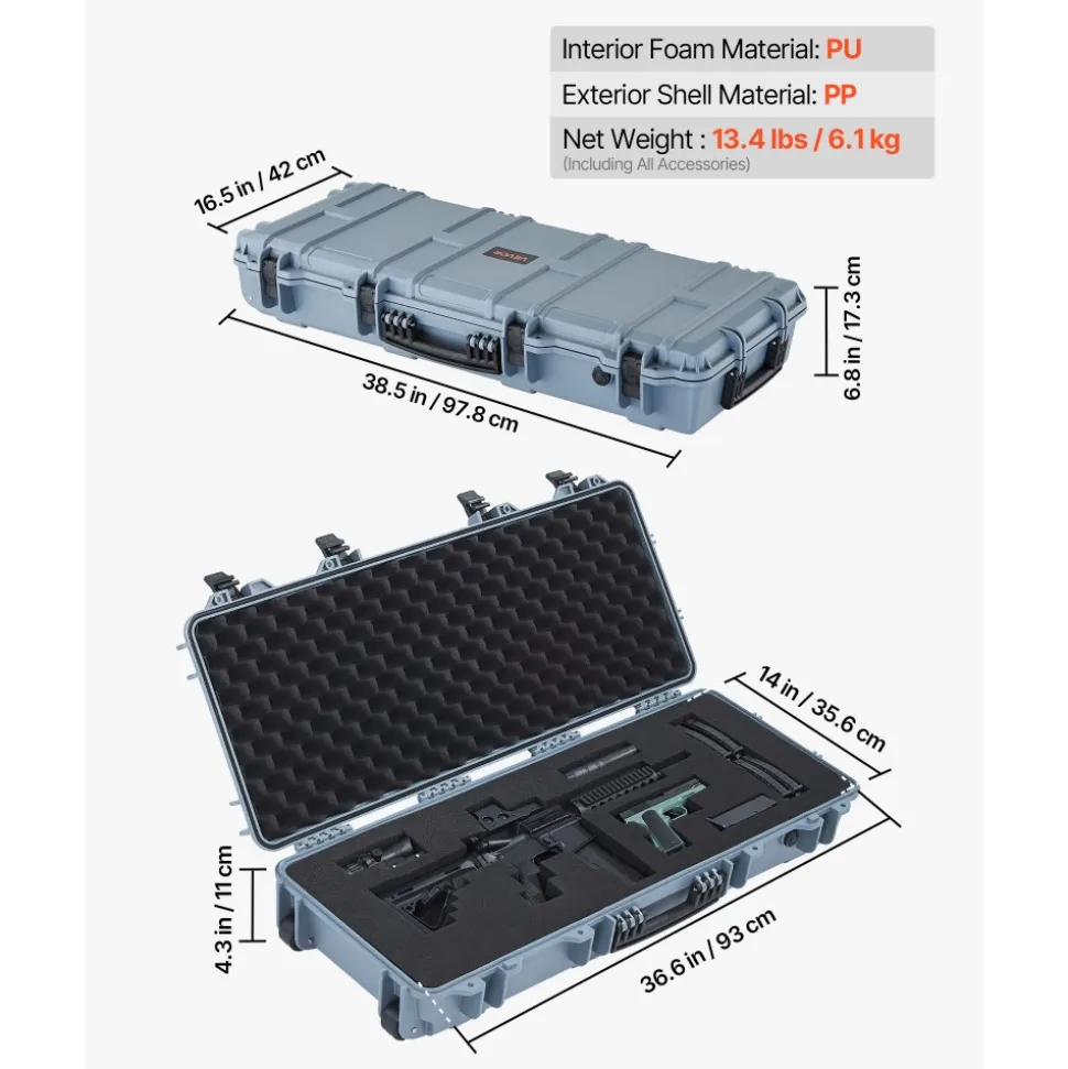 VEVOR Hard Rifle Case, Lockable Rifle Case with 4 Layers Pre-cut Foams, 36 in Gun Storage with Wheels, IP67 Waterproof & Dustproof Pistol Storage Cases for Rifles, Shotguns, Airsoft Guns, Grey