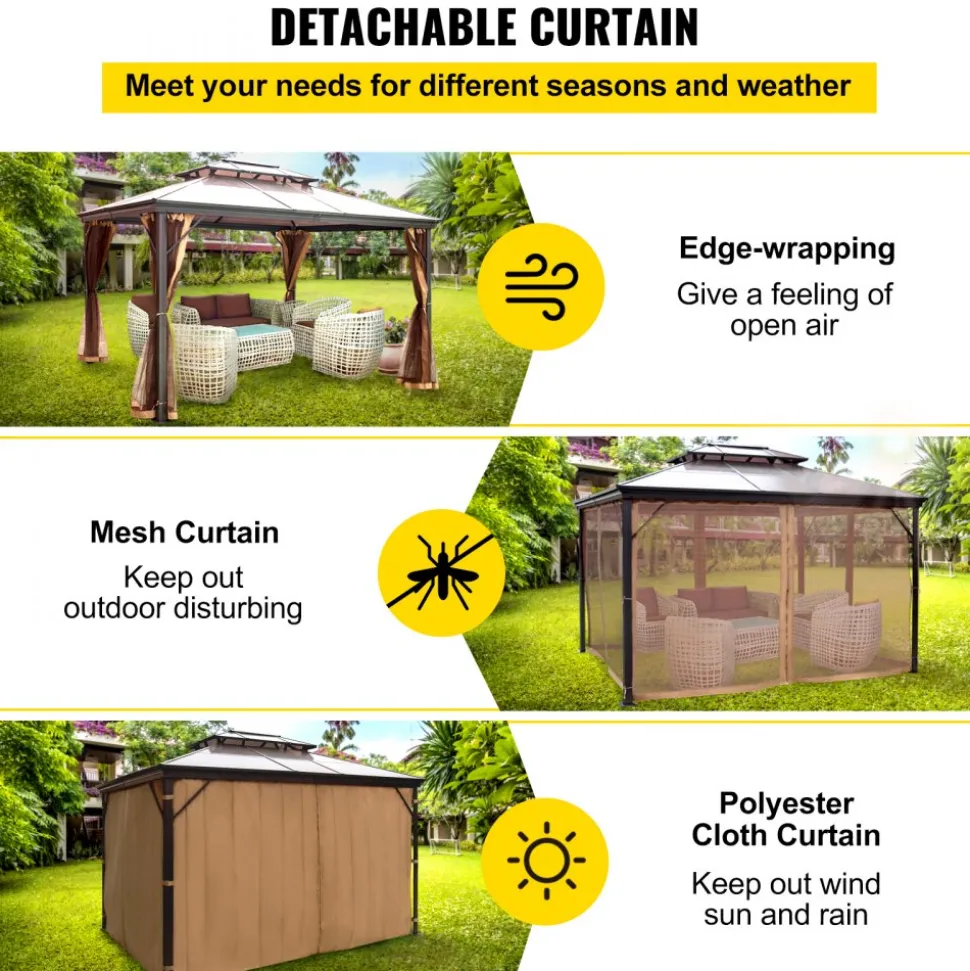 VEVOR Hardtop Gazebo 10' x 10' with Netting - Metal Gazebo Aluminum Permanent Double Tier Roof- Gazebos for Patios, Backyard, Outdoor and Lawn