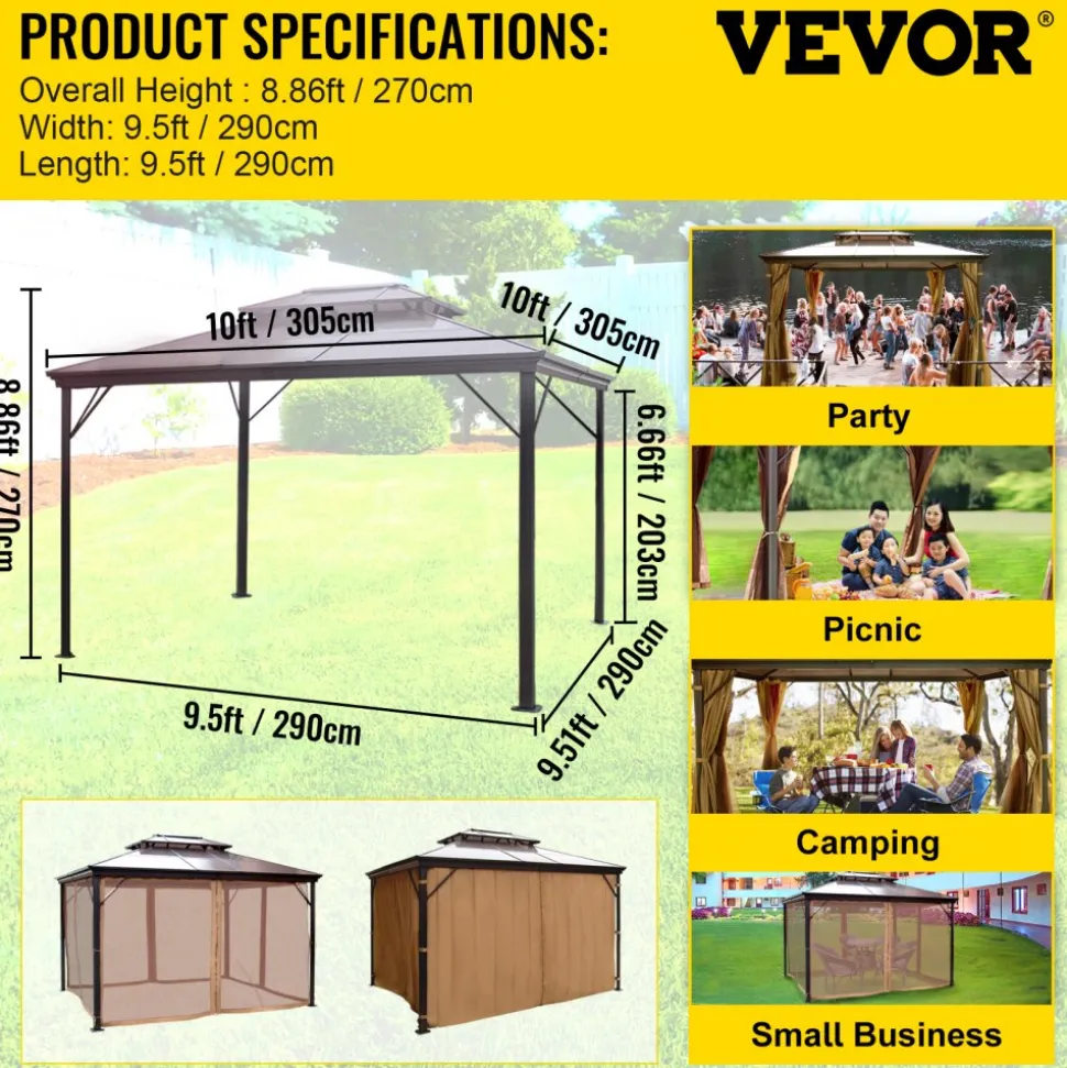 VEVOR Hardtop Gazebo 10' x 10' with Netting - Metal Gazebo Aluminum Permanent Double Tier Roof- Gazebos for Patios, Backyard, Outdoor and Lawn