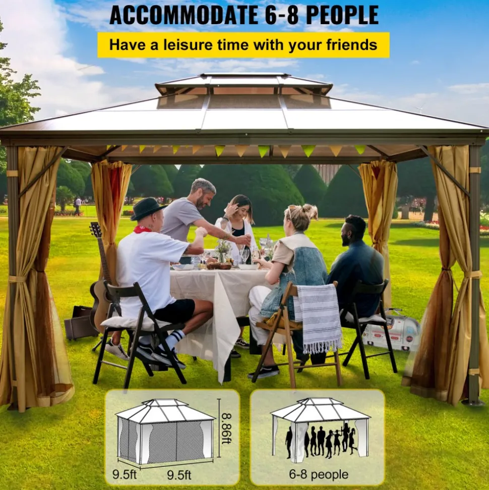 VEVOR Hardtop Gazebo 10' x 10' with Netting - Metal Gazebo Aluminum Permanent Double Tier Roof- Gazebos for Patios, Backyard, Outdoor and Lawn