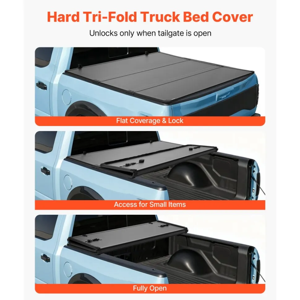 VEVOR Hard Tri-Fold Truck Bed Tonneau Cover, Compatible with 2016-2025 Toyota Tacoma with OE Track System (Not Fit Roll Bar) 5 ft (60.5 in) Bed, Waterproof Fiberglass Hard Folding Truck Tonneau Cover