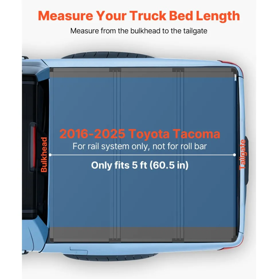 VEVOR Hard Tri-Fold Truck Bed Tonneau Cover, Compatible with 2016-2025 Toyota Tacoma with OE Track System (Not Fit Roll Bar) 5 ft (60.5 in) Bed, Waterproof Fiberglass Hard Folding Truck Tonneau Cover