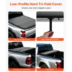 VEVOR Hard Tri-Fold Truck Bed Tonneau Cover, Compatible with 2019-2025 Dodge Ram 1500 5.6 ft (67.4 in) Bed, Waterproof Low-Profile Hard Folding Truck Tonneau Cover with Aluminum Alloy Support Bar