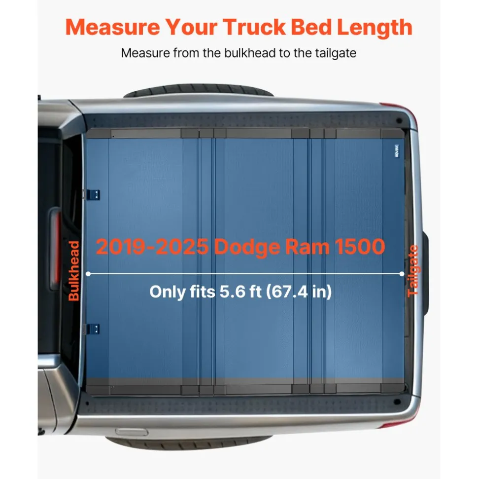 VEVOR Hard Tri-Fold Truck Bed Tonneau Cover, Compatible with 2019-2025 Dodge Ram 1500 5.6 ft (67.4 in) Bed, Waterproof Low-Profile Hard Folding Truck Tonneau Cover with Aluminum Alloy Support Bar