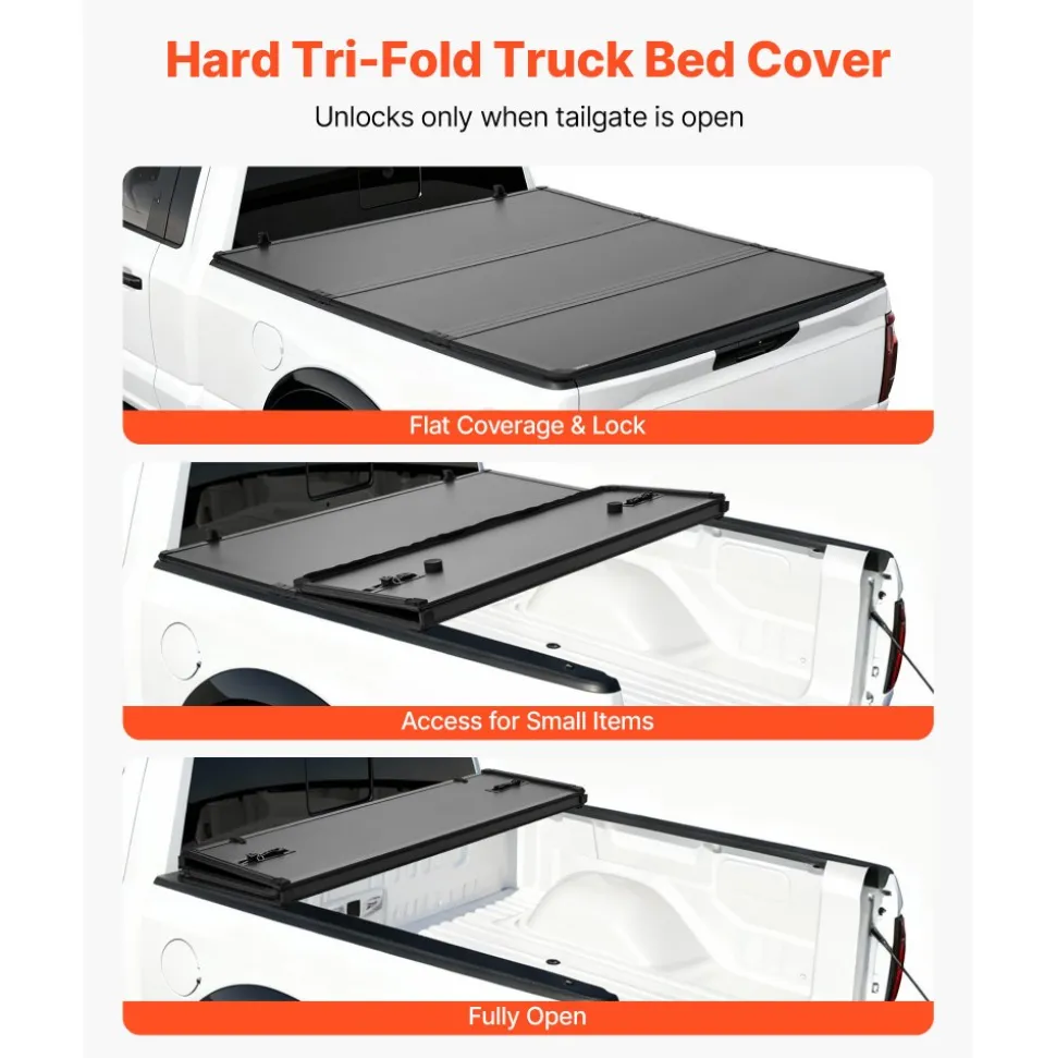 VEVOR Hard Tri-Fold Truck Bed Tonneau Cover, Compatible with 2015-2025 Ford F150 6.5 ft (78.9 in) Standard Bed, Waterproof Fiberglass Hard Folding Truck Tonneau Cover with Aluminum Alloy Support Bar