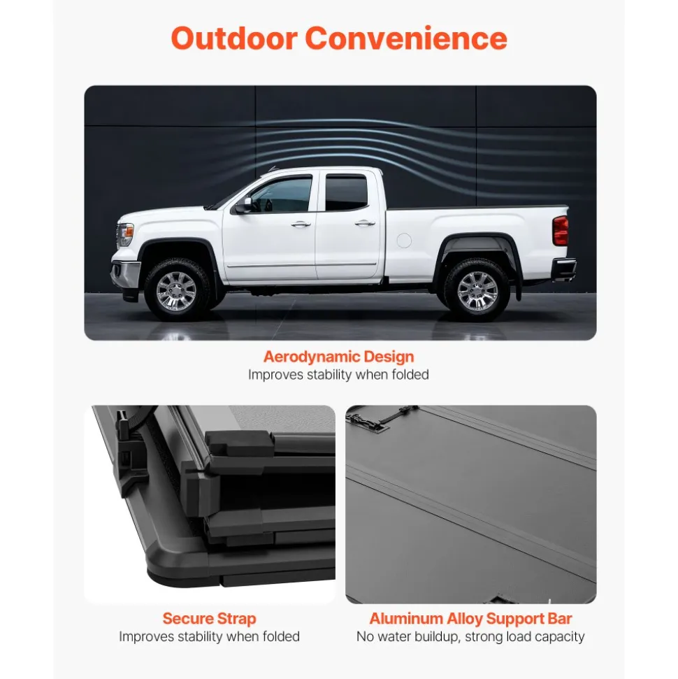 VEVOR Hard Tri-Fold Truck Bed Tonneau Cover, Compatible with 2015-2025 Ford F150 6.5 ft (78.9 in) Standard Bed, Waterproof Fiberglass Hard Folding Truck Tonneau Cover with Aluminum Alloy Support Bar