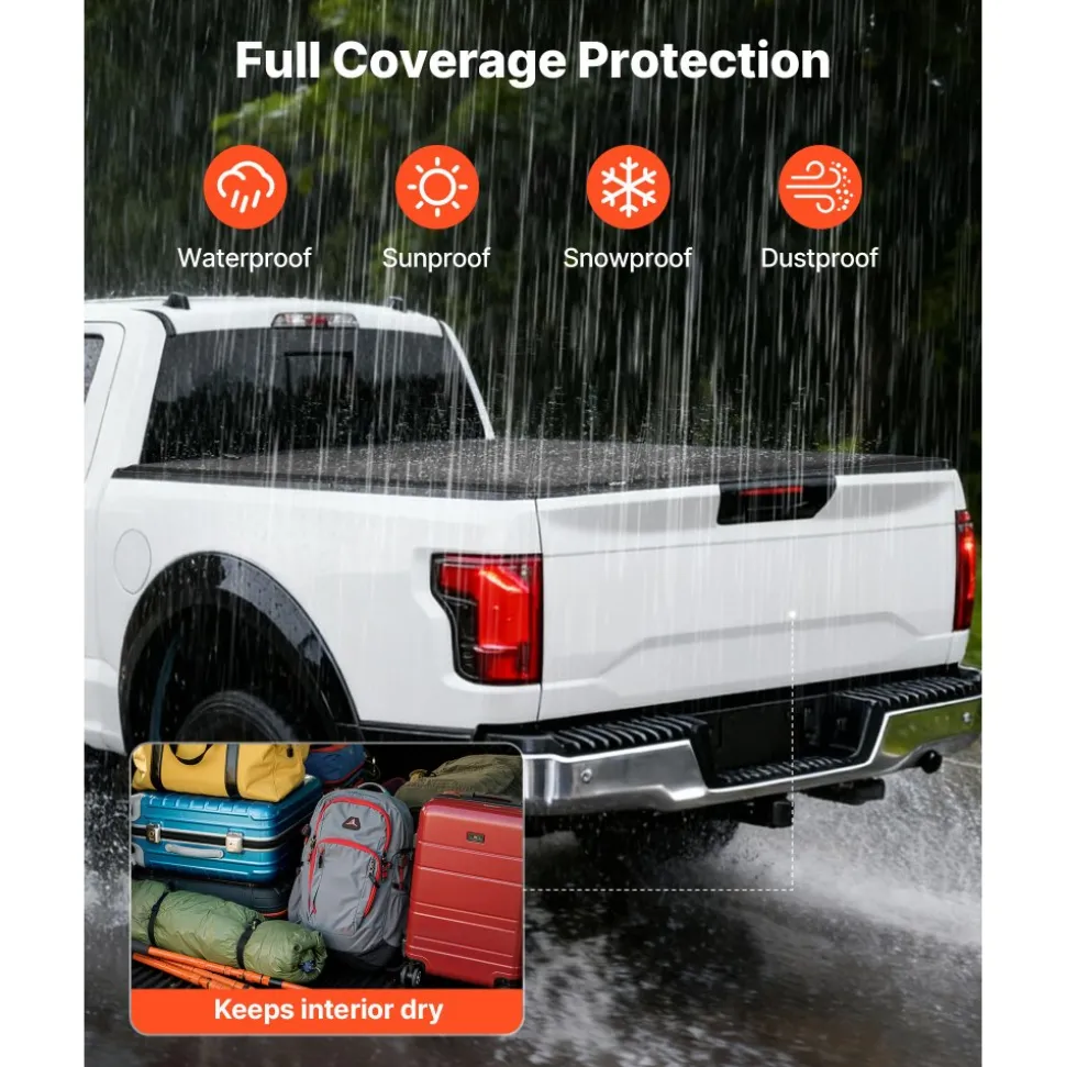 VEVOR Hard Tri-Fold Truck Bed Tonneau Cover, Compatible with 2015-2025 Ford F150 6.5 ft (78.9 in) Standard Bed, Waterproof Fiberglass Hard Folding Truck Tonneau Cover with Aluminum Alloy Support Bar