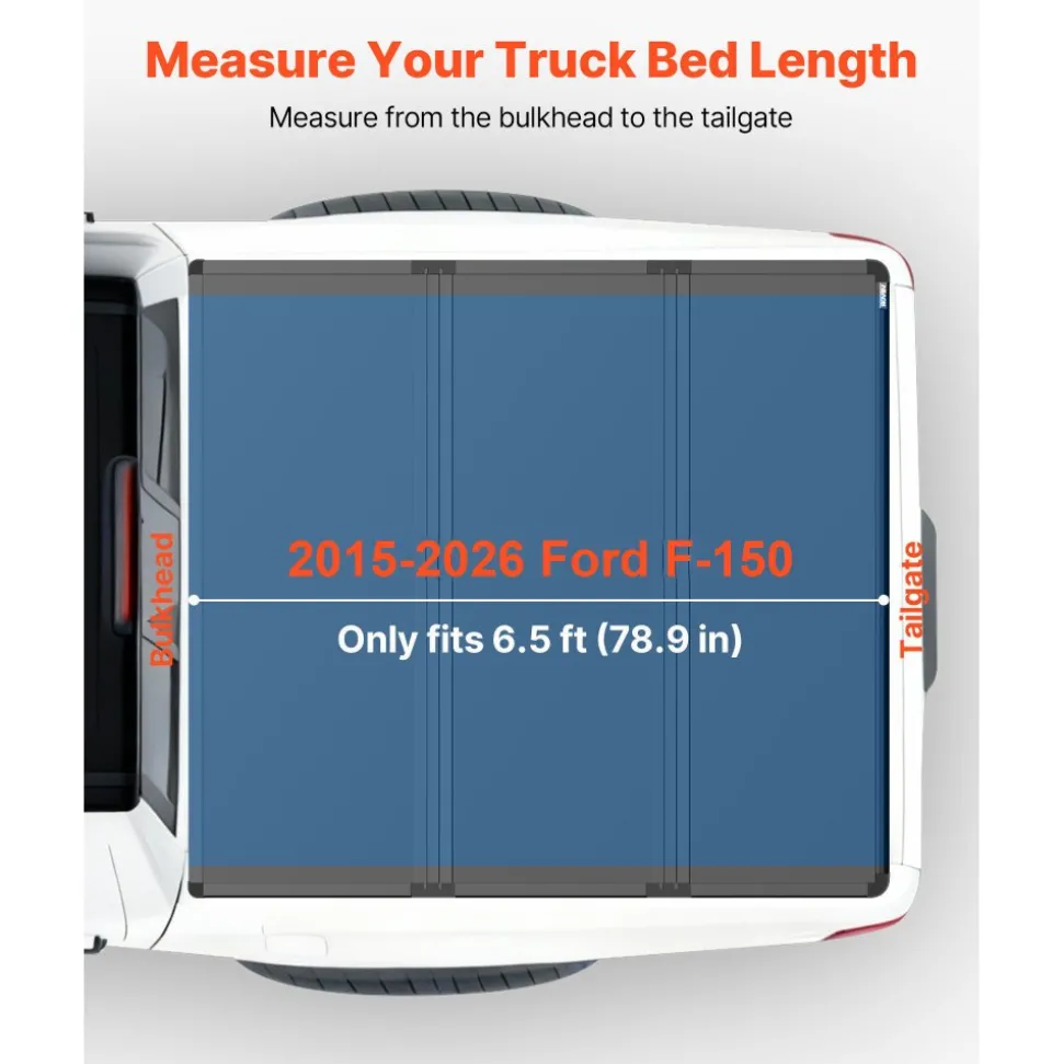 VEVOR Hard Tri-Fold Truck Bed Tonneau Cover, Compatible with 2015-2025 Ford F150 6.5 ft (78.9 in) Standard Bed, Waterproof Fiberglass Hard Folding Truck Tonneau Cover with Aluminum Alloy Support Bar
