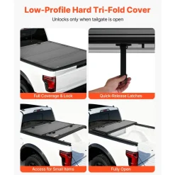 VEVOR Hard Tri-Fold Truck Bed Tonneau Cover, Compatible with 2021-2025 Ford F-150 (Incl. Raptor/Lightning) 5.5 ft (67.1 in) Bed, Waterproof Low-Profile Folding Cover with Aluminum Alloy Support Bar