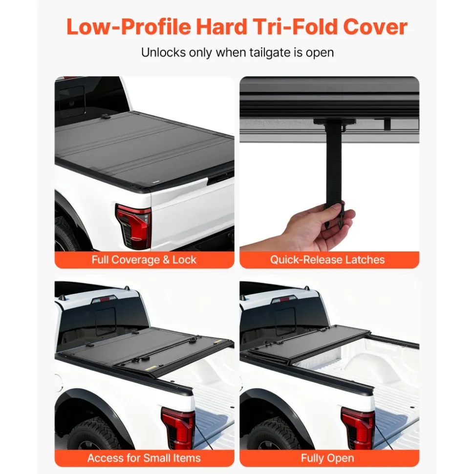 VEVOR Hard Tri-Fold Truck Bed Tonneau Cover, Compatible with 2021-2025 Ford F-150 (Incl. Raptor/Lightning) 5.5 ft (67.1 in) Bed, Waterproof Low-Profile Folding Cover with Aluminum Alloy Support Bar