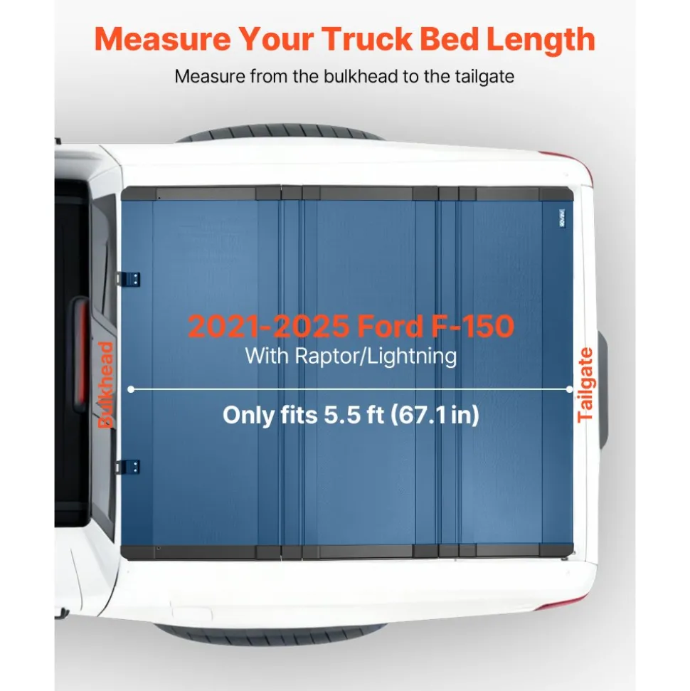 VEVOR Hard Tri-Fold Truck Bed Tonneau Cover, Compatible with 2021-2025 Ford F-150 (Incl. Raptor/Lightning) 5.5 ft (67.1 in) Bed, Waterproof Low-Profile Folding Cover with Aluminum Alloy Support Bar