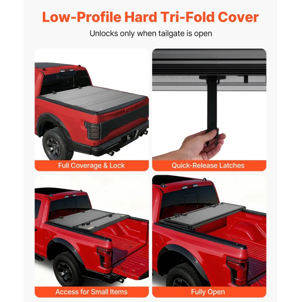 VEVOR Hard Tri-Fold Truck Bed Tonneau Cover, Compatible with 2022-2025 Ford Maverick 4.5 ft (54.4 in) Bed, Heavy-Duty Waterproof Low-Profile Hard Folding Truck Cover with Aluminum Alloy Support Bar