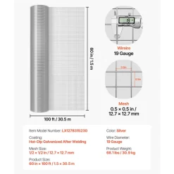 VEVOR Hardware Cloth 1/4 inch 48 inch x 100 ft 23 Gauge Chicken Wire Fence, Hot-Dip Galvanized After Welding Metal Wire Mesh Roll, Garden Plant Welded Fencing Roll Supports Poultry Netting Cage Fence