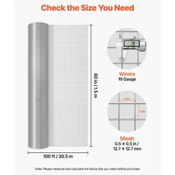 VEVOR Hardware Cloth 1/4 inch 48 inch x 100 ft 23 Gauge Chicken Wire Fence, Hot-Dip Galvanized After Welding Metal Wire Mesh Roll, Garden Plant Welded Fencing Roll Supports Poultry Netting Cage Fence