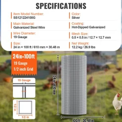 VEVOR Hardware Cloth 1/2 inch 24 inch x 100 ft 19 Gauge Chicken Wire Fence, Hot-Dip Galvanized After Welding Metal Wire Mesh Roll, Garden Plant Welded Fencing Roll Supports Poultry Netting Cage Fence