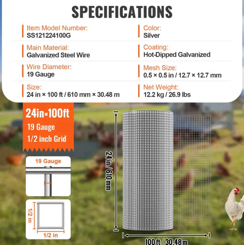 VEVOR Hardware Cloth 1/2 inch 24 inch x 100 ft 19 Gauge Chicken Wire Fence, Hot-Dip Galvanized After Welding Metal Wire Mesh Roll, Garden Plant Welded Fencing Roll Supports Poultry Netting Cage Fence