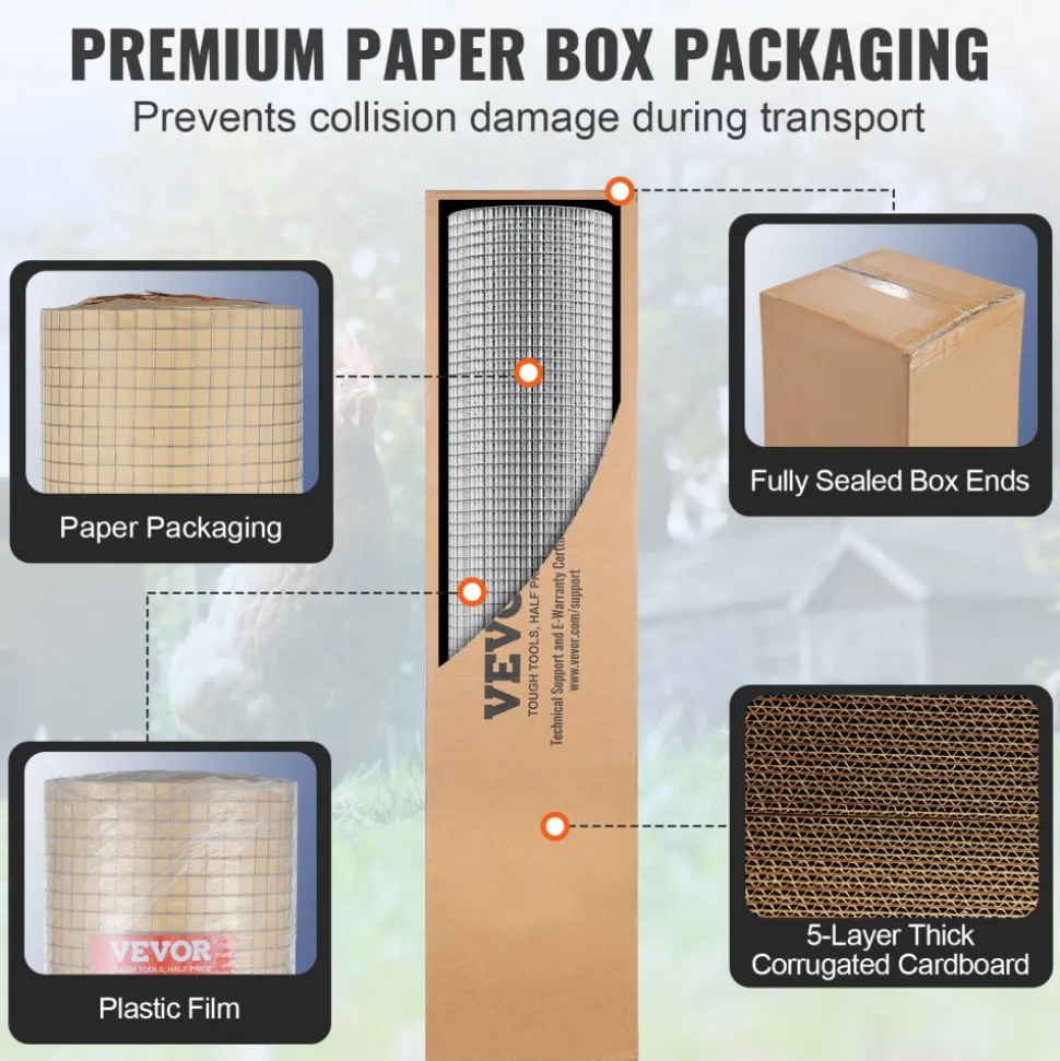 VEVOR Hardware Cloth 1/2 inch 36 inch x 50 ft 19 Gauge Chicken Wire Fence, Hot-Dip Galvanized After Welding Metal Wire Mesh Roll, Garden Plant Welded Fencing Roll Supports Poultry Netting Cage Fence