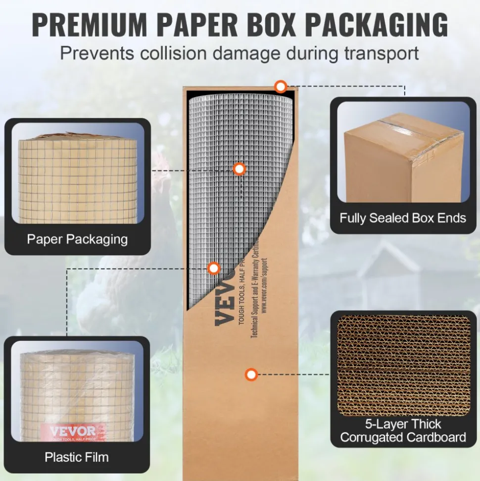 VEVOR Hardware Cloth 1/2 inch 36 inch x 100 ft 19 Gauge Chicken Wire Fence, Hot-Dip Galvanized After Welding Metal Wire Mesh Roll, Garden Plant Welded Fencing Roll Supports Poultry Netting Cage Fence