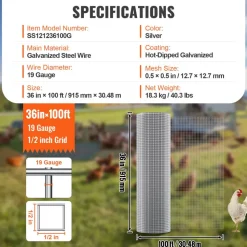 VEVOR Hardware Cloth 1/2 inch 36 inch x 100 ft 19 Gauge Chicken Wire Fence, Hot-Dip Galvanized After Welding Metal Wire Mesh Roll, Garden Plant Welded Fencing Roll Supports Poultry Netting Cage Fence